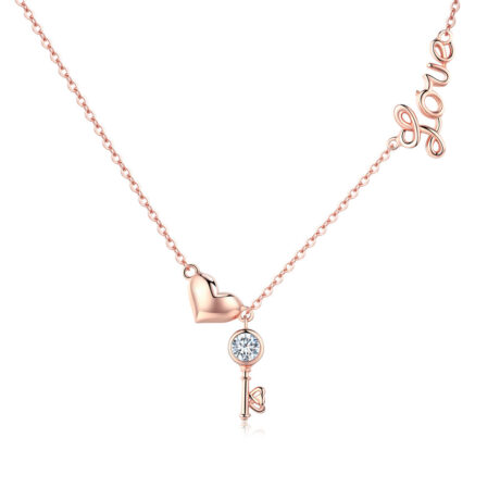 Rose Gold Love, Heart & Key Necklace