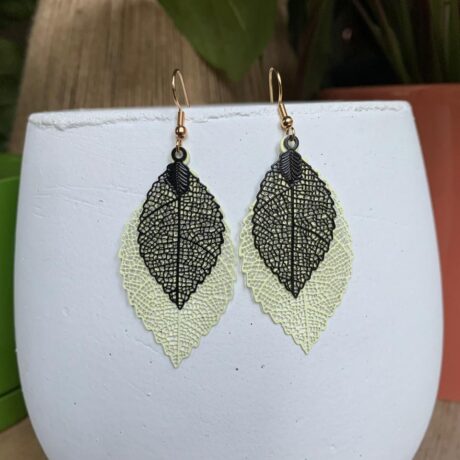 Black & Cream Leaf Dangle Earrings