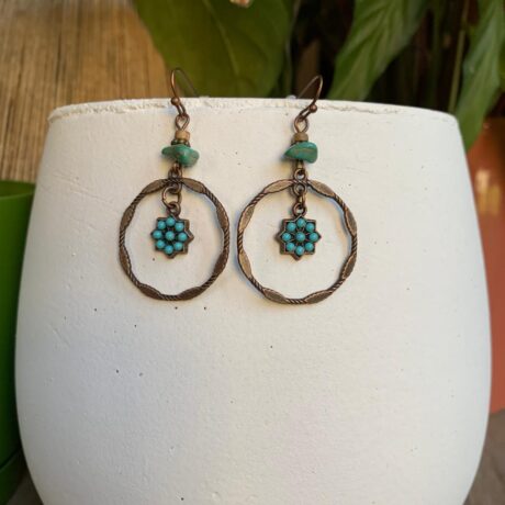 Round Turquoise Flower Dangle Earrings