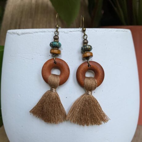 Wooden Beaded Tassle Dangle Earrings