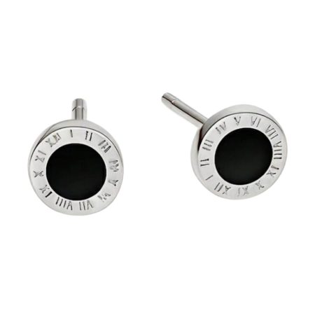 Round Roman Numeral Black Insert Stud Earrings